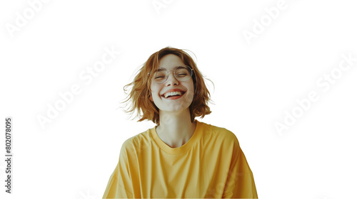 Beautiful dynamic young woman smiling and laughing isolated on transparent background