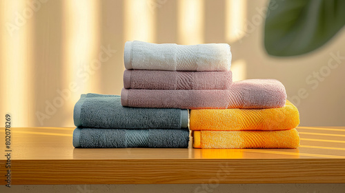 towels on the booth, different colors, high saturation, strong color contrast, Japanese style, warm and bright images, simple and clean, minimalist background, light effects