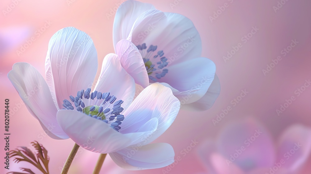 Anemone with a soft rose background, classic magazine style, gentle glow, frontal perspective