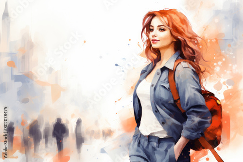 A redhead woman watercolor with a red backpack walks down a street in a European city. The background is a blurry and colorful cityscape. AI generated © lensofcolors