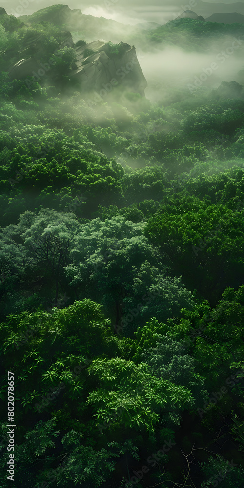 Floresta Verdejante com Montanhas Ennevoadas