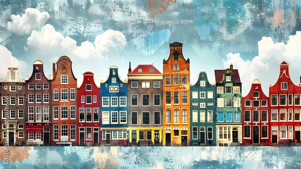 Fototapeta premium Water town travel illustration poster background