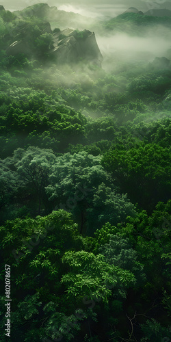 Floresta Verdejante com Montanhas Ennevoadas