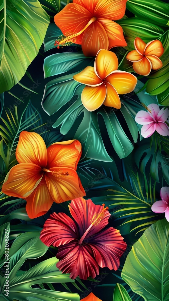 A colorful painting showcasing lush tropical flowers and vibrant green leaves in a lively composition. Background. Wallpaper. A colorful painting showcasing lush tropical flowers and vibrant green leaves in a lively composition. Background. Wallpaper.