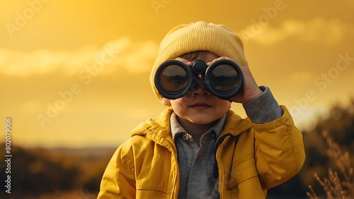 Little boy in a yellow jacket and a yellow hat looks through binoculars.