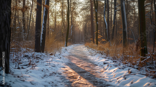 Snow-covered forest pathway winding through a winter scene. © vlntn