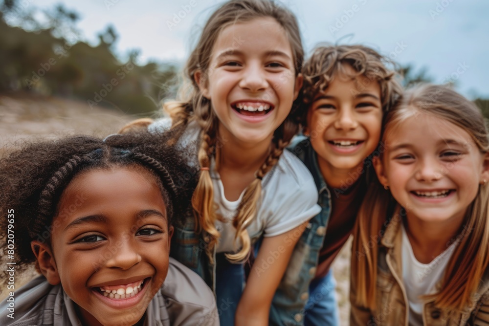 Portrait of a group of smiling children looking at camera in the park Portrait of a group of smiling children looking at camera in the park