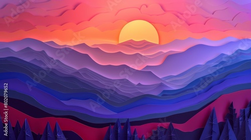 Vibrant Paper Art Sunset Over Purple Mountains 