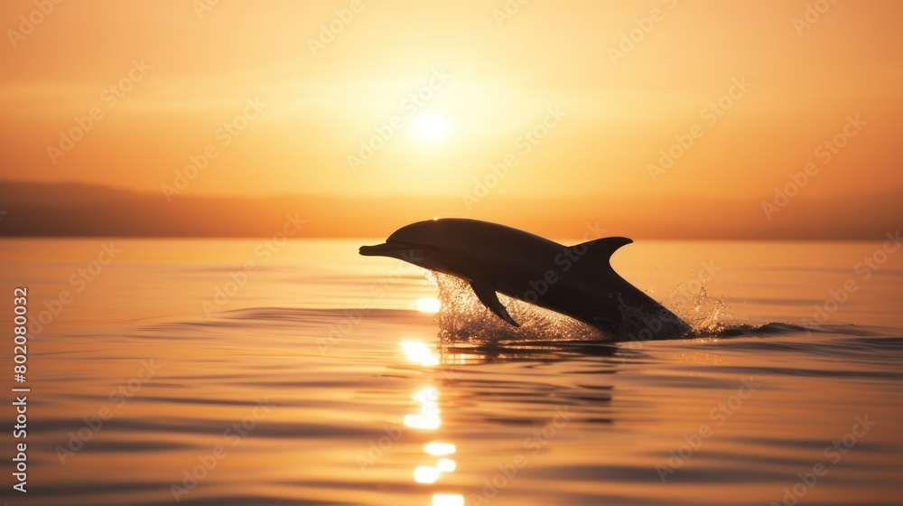 Fototapeta premium Silhouette of dolphin on sunset sky.
