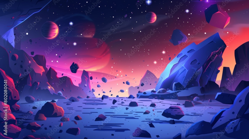 A cartoon alien planet's surface with stones and cracks. Modern illustration of a dangerous space game platform with satellites and stars shining in the night sky.