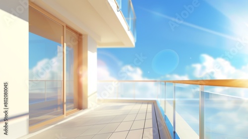 Window to a living room or office. Empty terrace of a house with a view of blue sky, modern realistic illustration.