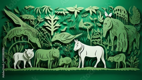 Explore the Rich Biodiversity of Earth  Green Paper Cut Animal Nature Concept Illustration in Lush Jungle Habitat Environment - Ideal for Wildlife Conservation Projects.