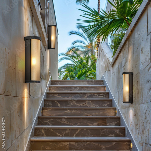 a view of a contemporary outdoor staircase with wall sconce 