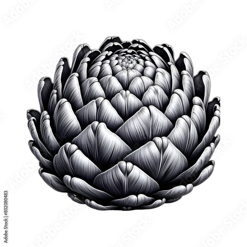 A monochromatic of an artichoke with a brown heart and verdant foliage.
