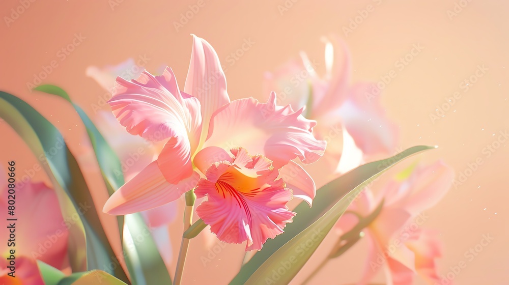 Cattleya with a soft peach background, classic magazine style, gentle glow, frontal perspective