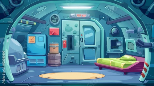 There is a cartoon bunker room bedroom in an underground base with a nuclear shelter in a submarine with a sealed door. There is also a safe military capsule in the basement with a locker, a double photo