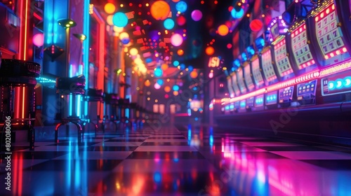 A picturesque view of a bingo hall illuminated by colorful lights  creating a vibrant and energetic atmosphere for players to enjoy on National Bingo Day.