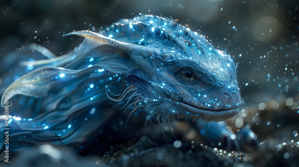 A fantastical creature with fur or scales covered in a swirling, bioluminescent pattern. A fantastical creature with fur or scales covered in a swirling, bioluminescent pattern.