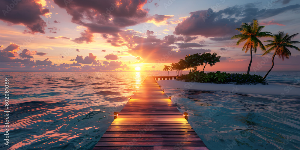 Background image of a dock surrounded by sea water and palm trees, Palm trees and a beach with crystal clear sea