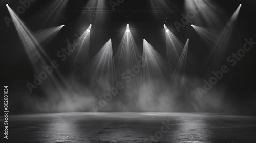 Empty stage with white spotlights for a conference  show  or party. striking white light against a dark background.