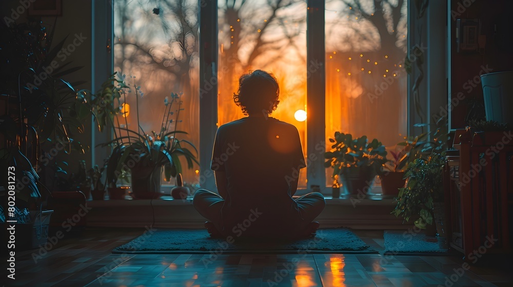 Silhouetted figure sitting in window during warm sunset creating a serene and meditative atmosphere Silhouetted figure sitting in window during warm sunset creating a serene and meditative atmosphere