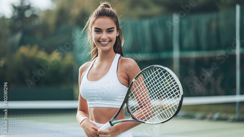 Young sporty woman tennis player standing with a tennis racket on the tennis court © Ruslan