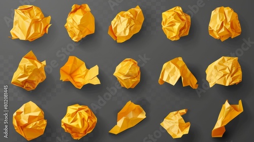 A set of crumpled paper balls isolated on a transparent background. Image represents an idea rejected, a mistake made, and rubbish with wrinkled yellow paper wads, a modern realistic image. photo