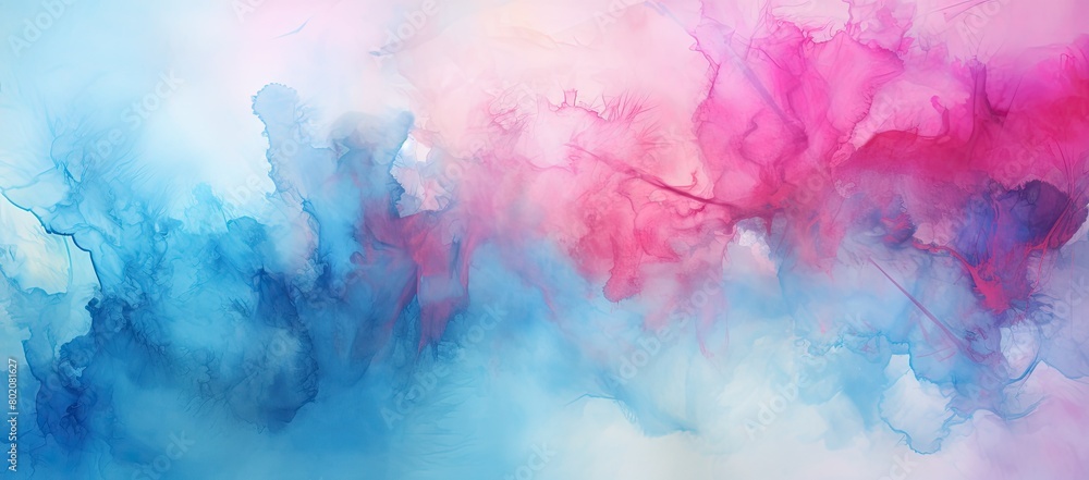 Vibrant painting in blue, pink, and white