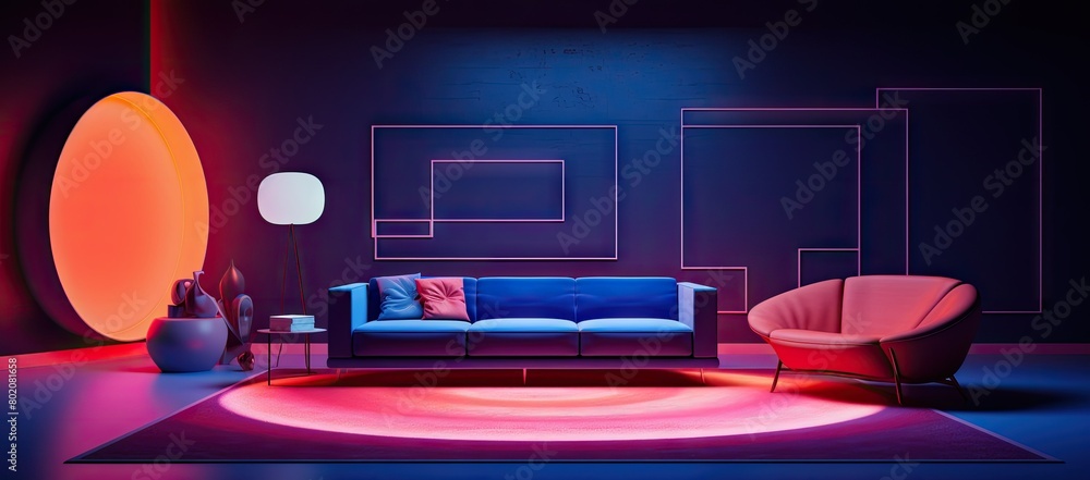 Blue couch and pink chair in living room Blue couch and pink chair in living room