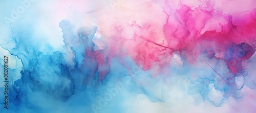 Vibrant painting in blue, pink, and white