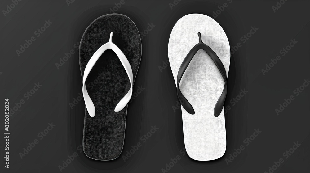 Mockup set of black and white flip flops isolated on transparent background. Modern realistic illustration of rubber slippers, hotel spa or home footwear, top view. Mockup set of black and white flip flops isolated on transparent background. Modern realistic illustration of rubber slippers, hotel spa or home footwear, top view.