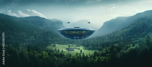 Large flying object hovering over forest photo