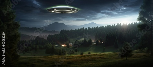 Alien flying over forest at night photo
