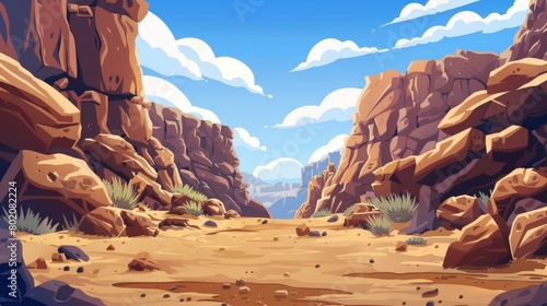 Desert game cartoon landscape of rocky boulder terrain. Featured is an empty drought Arizona valley formation with brown sandy environment and a stone arc panorama.