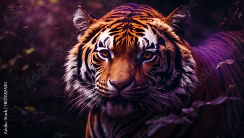 Hyperrealistic Tiger Head Illustration In Vibrant Colors. a vibrant and captivating image showcasing a tiger in a dark setting  its eyes glowing with intensity.