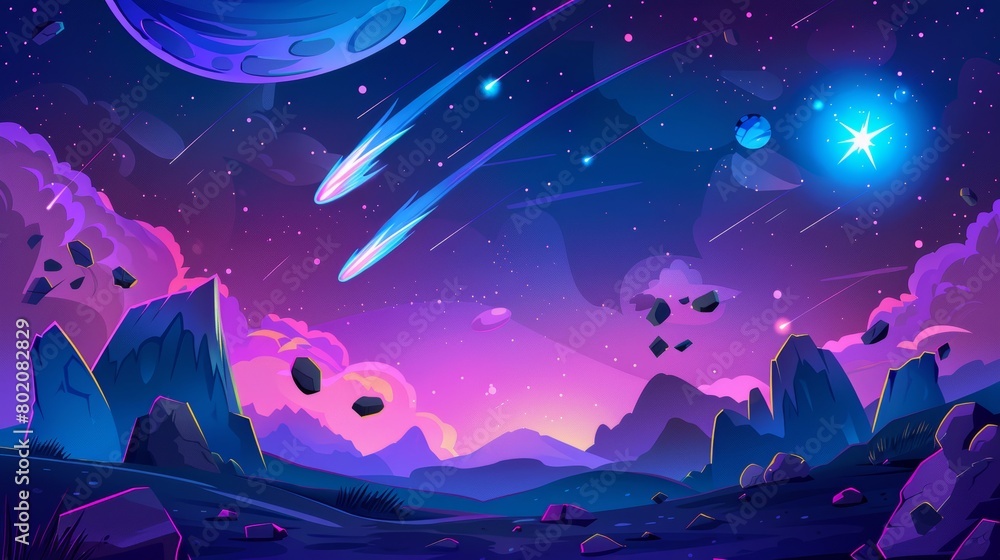 An alien galaxy with floating planets, comets with neon tails, rocky meteorites, and stones falling. Modern cartoon illustration of a cosmic game universe.