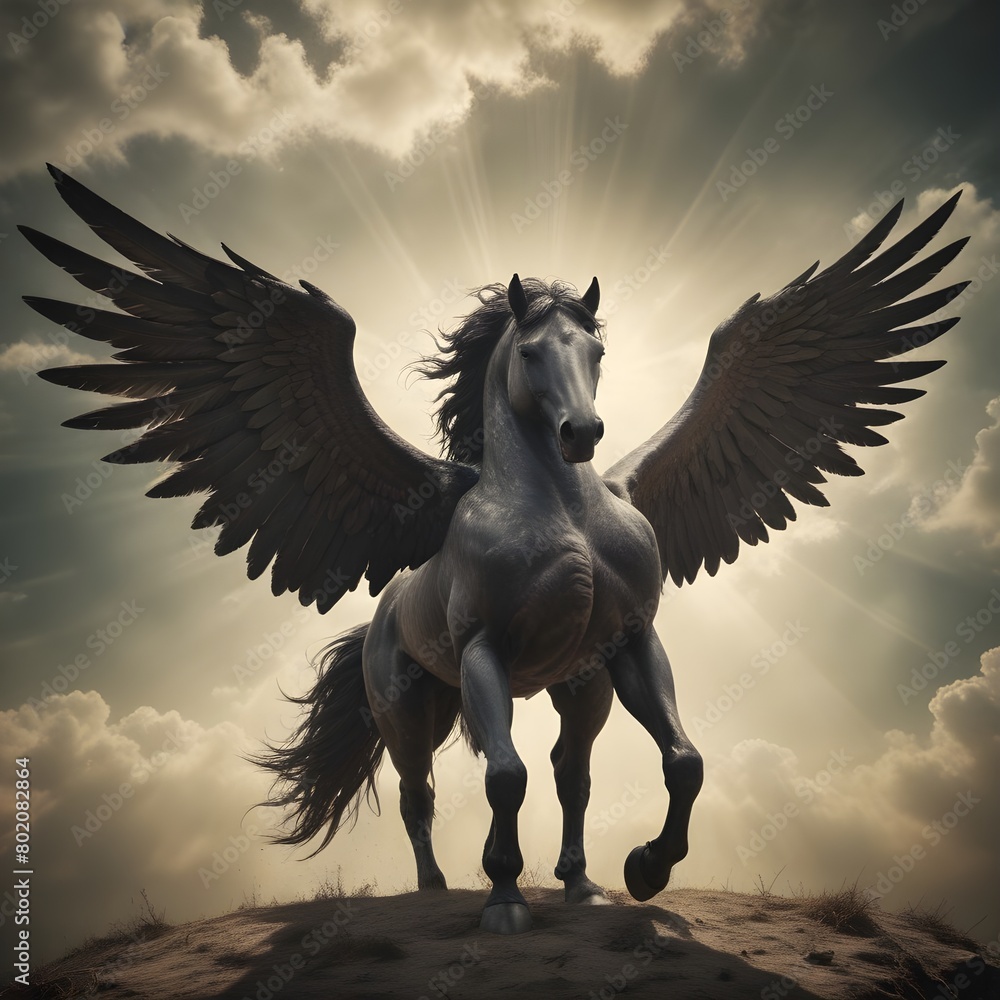 Pegasus, dark horse with wings against a dark background.