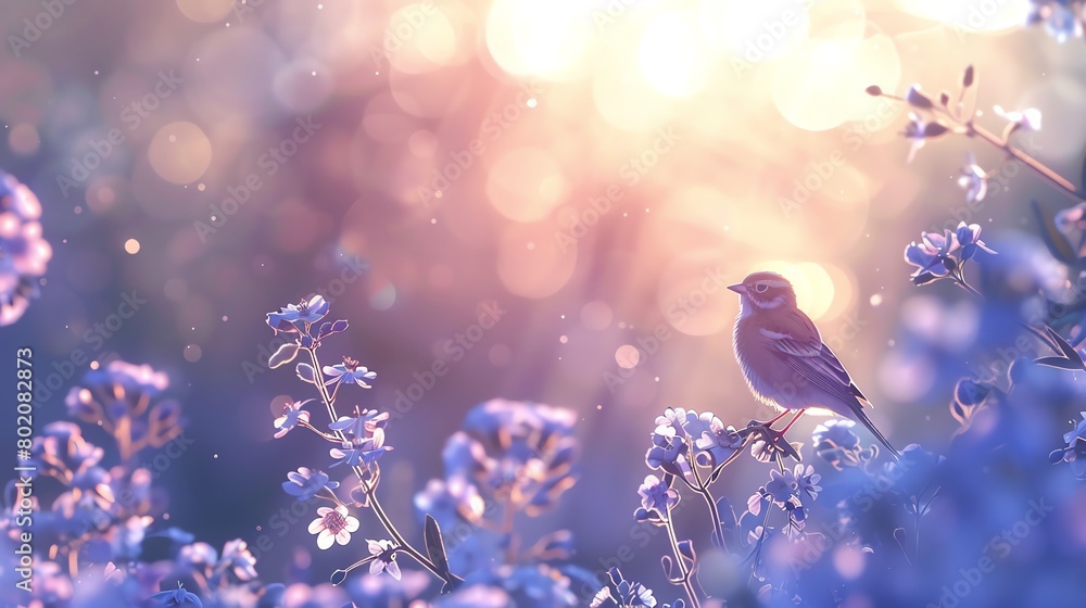 Forgetmenot, serene lavender background, magazine cover design, backlit, bird seye view