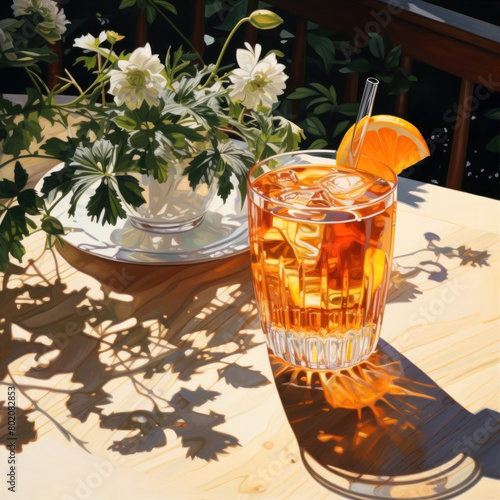 Soothing afternoon vibes captured in a radiant image with a refreshing iced beverage adorned by an orange slice against a backdrop of delicate flowers and intriguing shadows. Generated AI