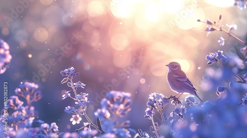 Forgetmenot, serene lavender background, magazine cover design, backlit, bird seye view photo