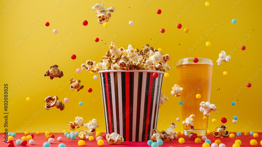 Bucket with sweet colorful popcorn and glass of soda