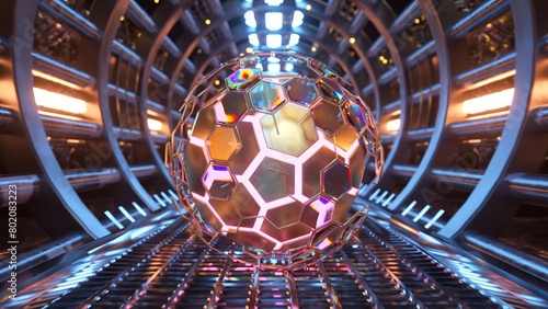 Futuristic 3D sphere with hexagon pattern inside sci-fi tunnel