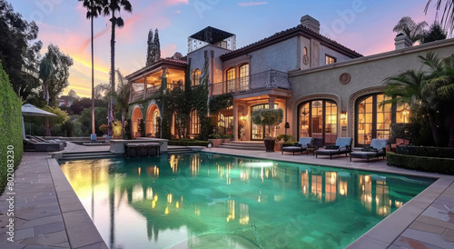 a beautiful house with an outdoor pool and palm trees in the background  California home for sale real estate photography  dusk  sunset.