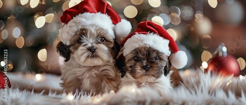 Two shih tzu puppy dogs on christmas background. New year dogs. Two cute little dogs. photo
