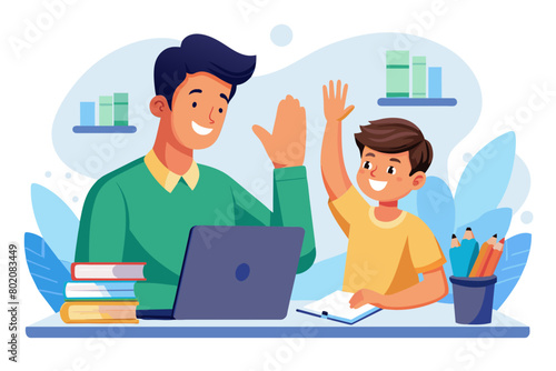 father child home family homework son teenage parent education teamwork high five high five laptop teen boy kid teaching man young happy learning together school computer success achievement