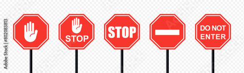 A set of red road signs isolated on a transparent background for road traffic control, including lane usage, stop and yield, regulatory signs, as well as curves and turns.
