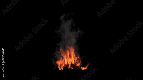 3D animation of flames with smoke on black background