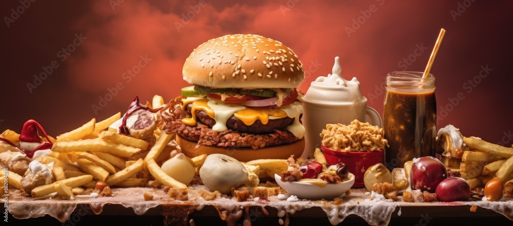 Table topped with giant hamburger and fries