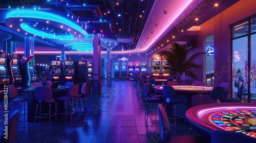 A picturesque view of a bingo hall illuminated by colorful lights  creating a vibrant and energetic atmosphere for players to enjoy on National Bingo Day.