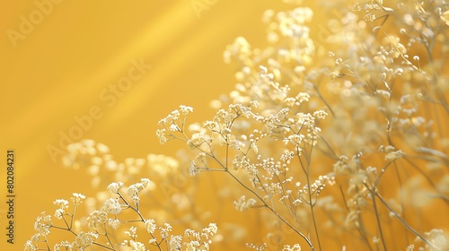 Gypsophila highlighted, rich mustard background, magazine format, natural light, faceon angle photo